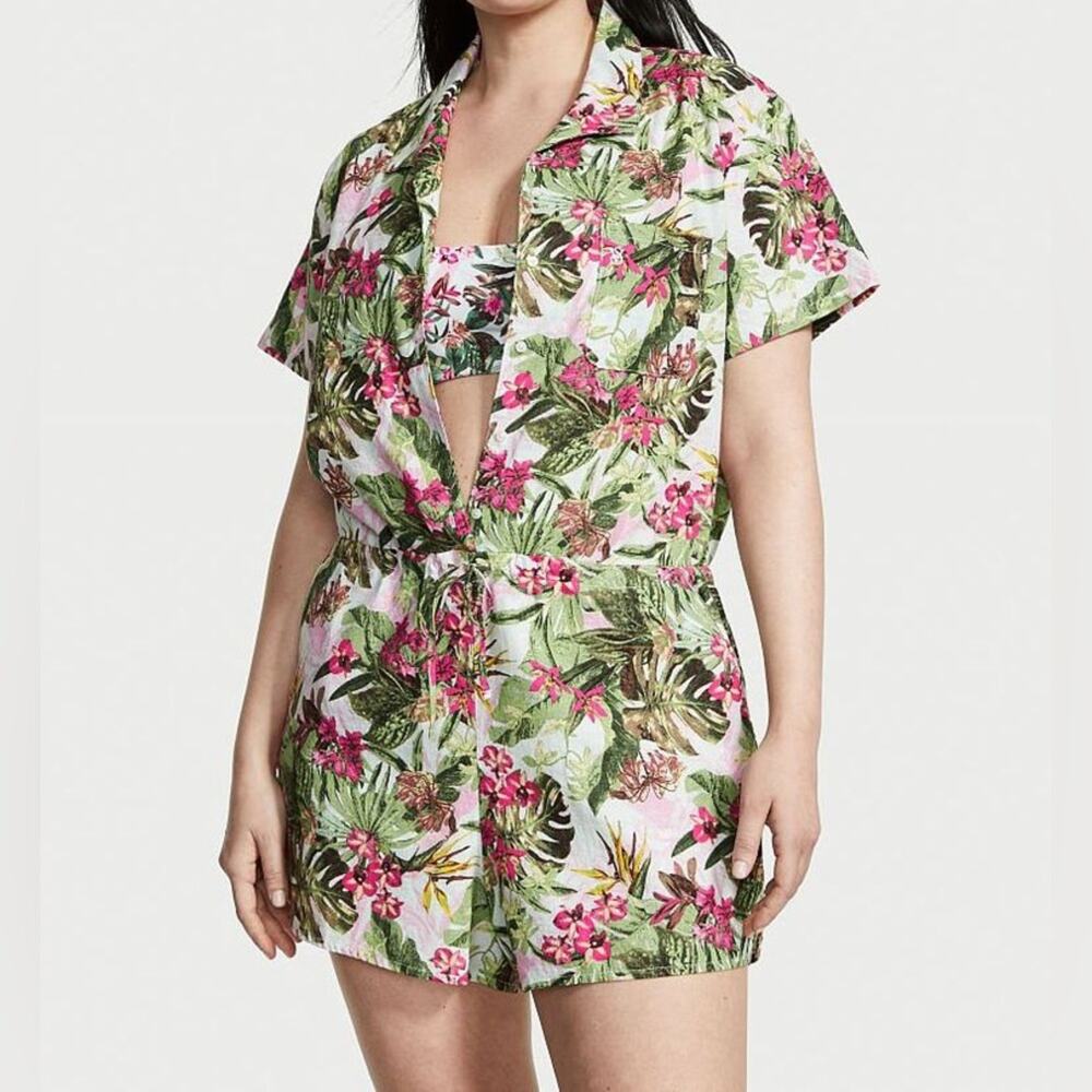 Victoria's Secret Pink Green Tropical Linen Cotton Cover Up Romper Women's XXL